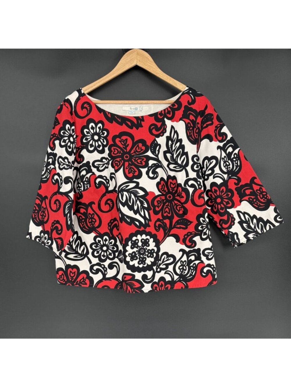 Boden Women’s Artsy Floral Top Size 18 Red Black Cream 3/4 Sleeve Cotton Office